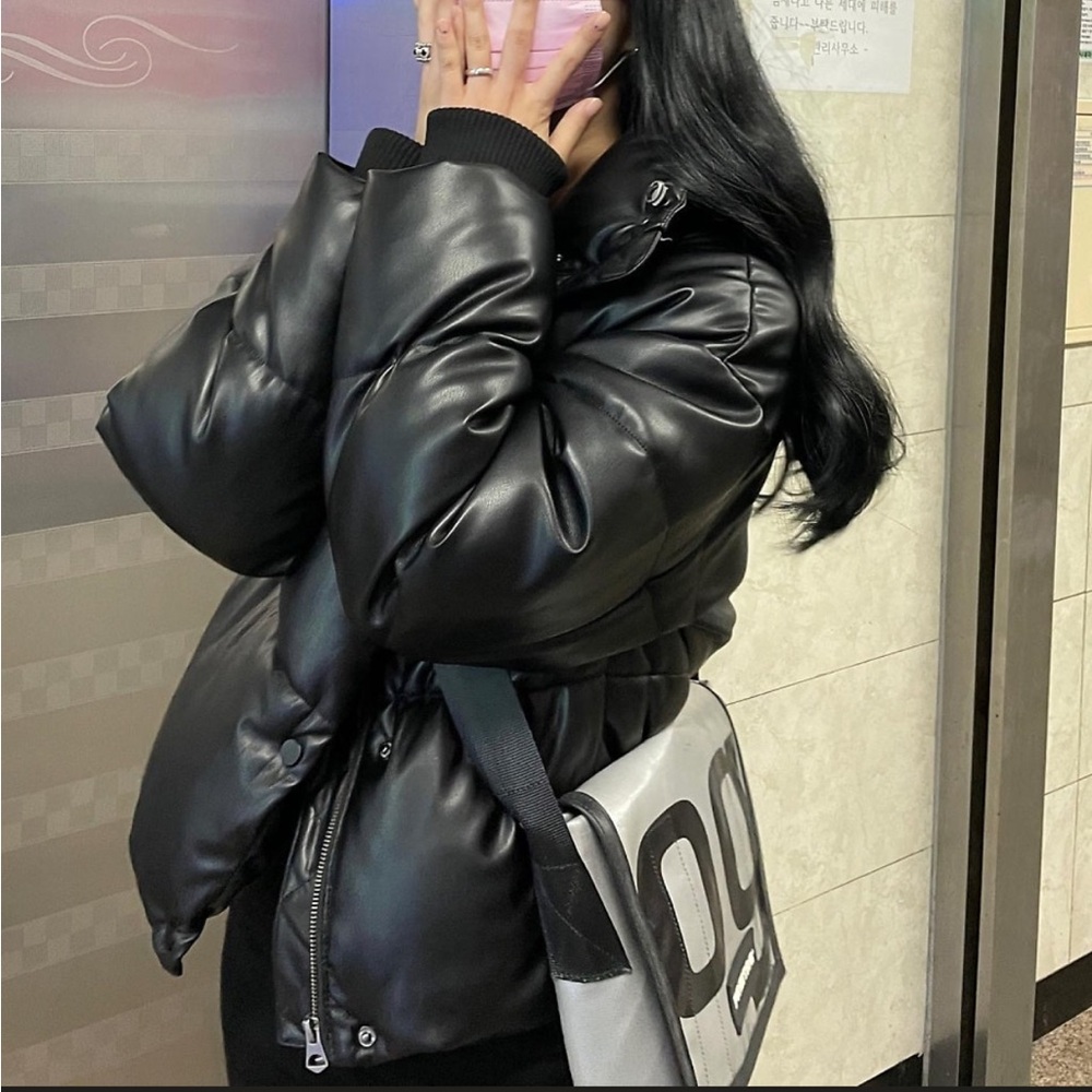Zara Black Leather Puffer Jacket